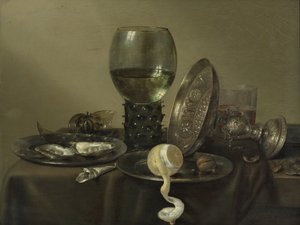 Nature morte avec huîtres, un verre, un citron et un bol en argent